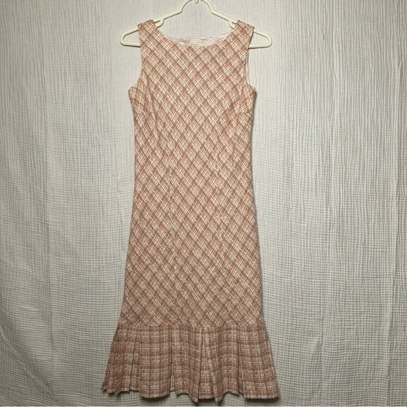 Pink Tweed Vintage Sleeveless Pleated Flounce Dress-4-Professional Prep Business - Picture 1 of 12